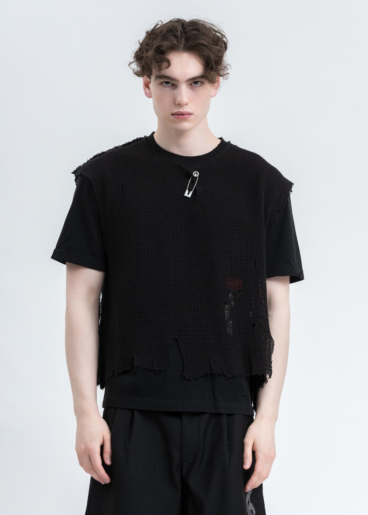 C2H4 Distressed Knit Meshing Layered T-Shirt - Black | Garmentory