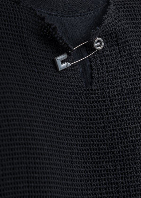 C2H4 Distressed Knit Meshing Layered T-Shirt - Black | Garmentory