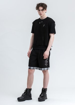 C2H4 Distressed Layered Sequin Tailored Shorts - Black C2H4 Distressed Layered Sequin Tailored Shorts - Black