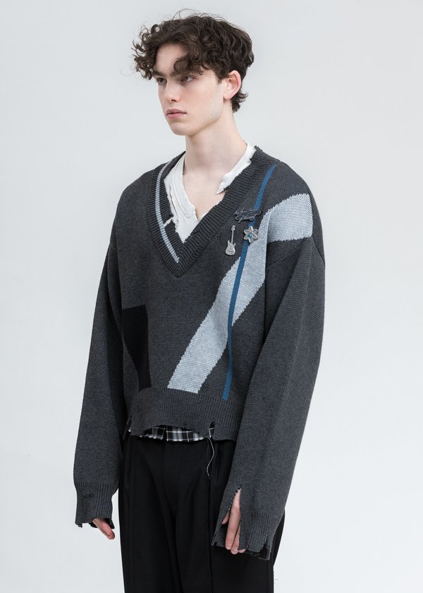 C2H4 Distressed Geometry Knit Layered Sweater - Grey C2H4 Distressed Geometry Knit Layered Sweater - Grey