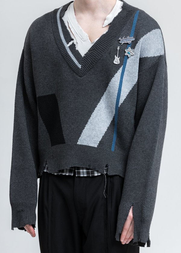C2H4 Distressed Geometry Knit Layered Sweater - Grey C2H4 Distressed Geometry Knit Layered Sweater - Grey