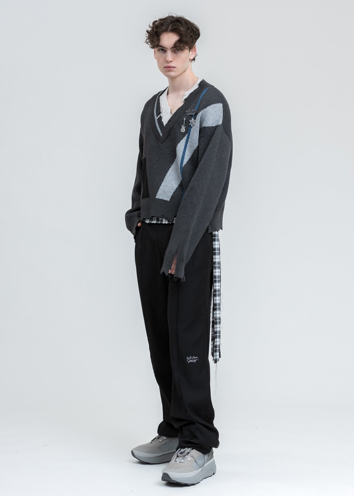 C2H4 Distressed Geometry Knit Layered Sweater - Grey | Garmentory