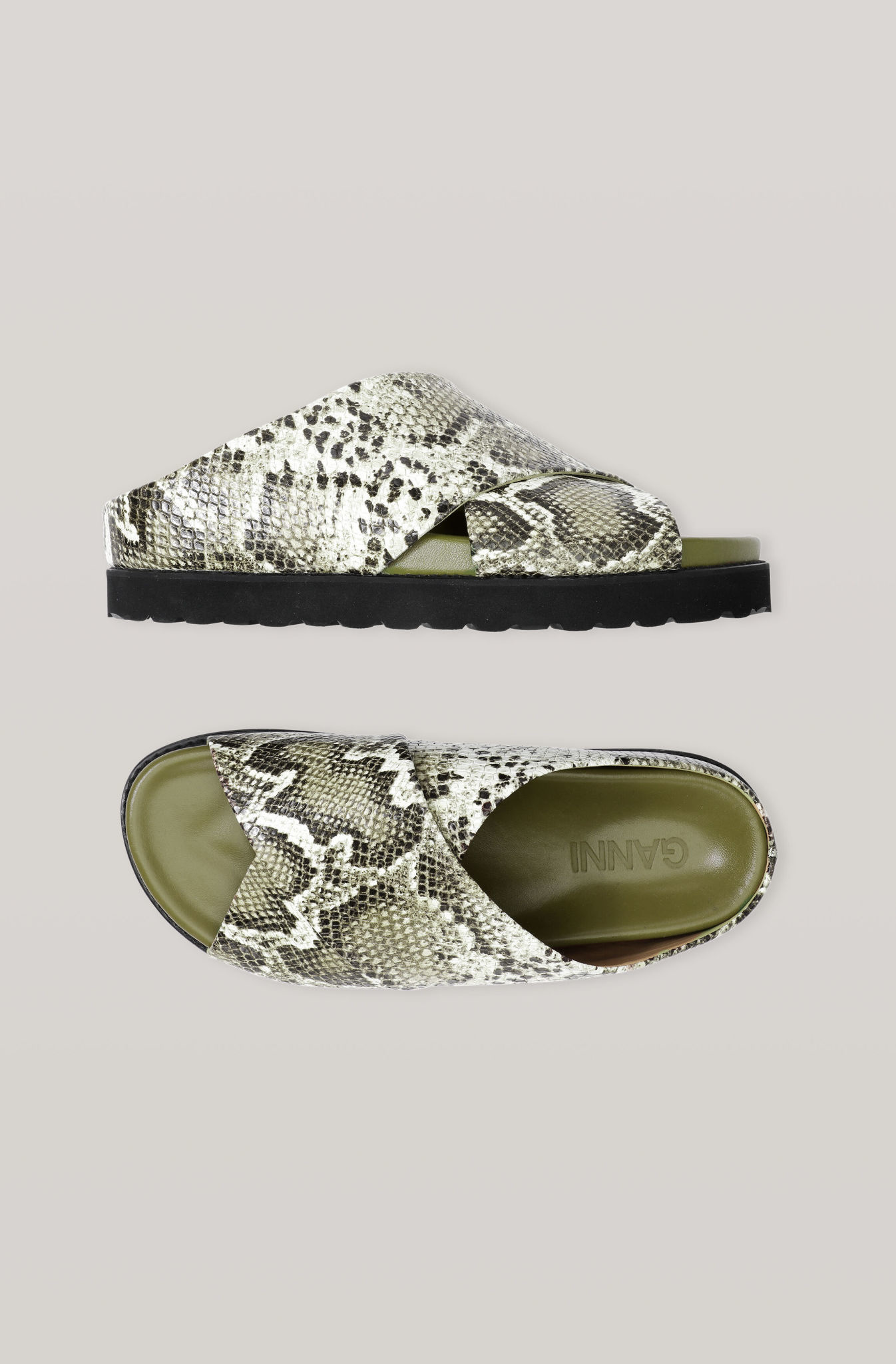 Ganni Snake Embossed Leather Crossover Sandal - Green
