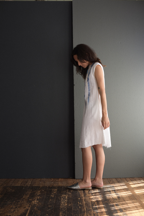 knee length dresses for ladies Yori Handpainted Wavy Ruffle Babydoll Dress in Silk Linen Blend – fbrq.com main image 0