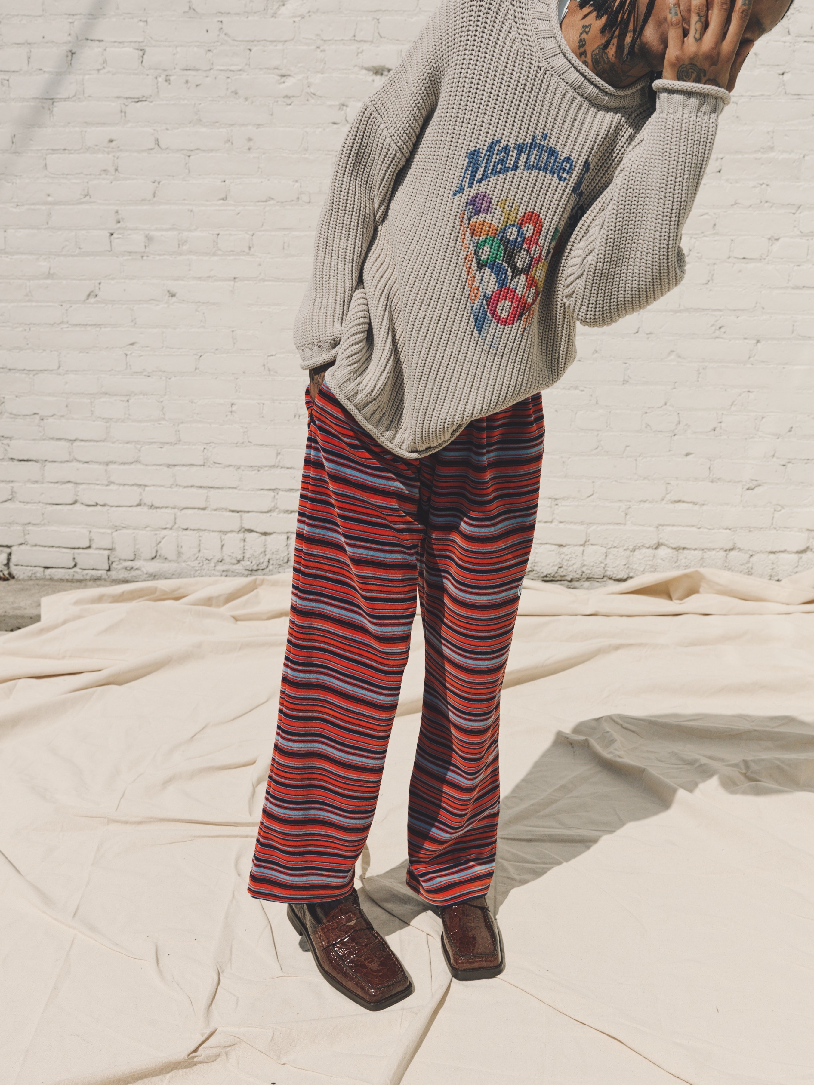 Martine Rose Velvet Wide Leg Sweat Pant - Blue/Orange Stripe