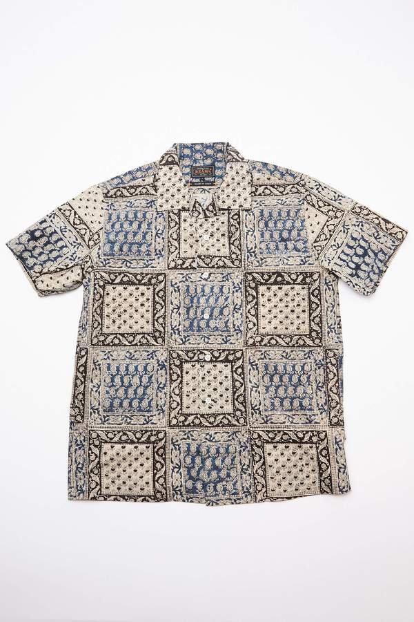 Beams Plus Short Sleeve Open Collar Block Print Shirt - Navy Beams Plus Short Sleeve Open Collar Block Print Shirt - Navy