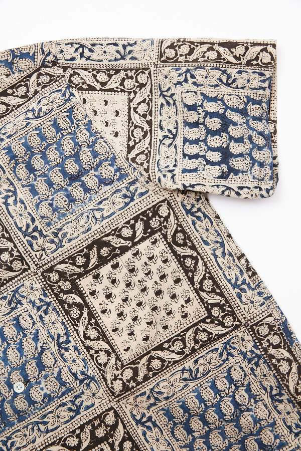 Beams Plus Short Sleeve Open Collar Block Print Shirt - Navy Beams Plus Short Sleeve Open Collar Block Print Shirt - Navy