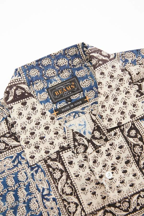 Beams Plus Short Sleeve Open Collar Block Print Shirt - Navy Beams Plus Short Sleeve Open Collar Block Print Shirt - Navy