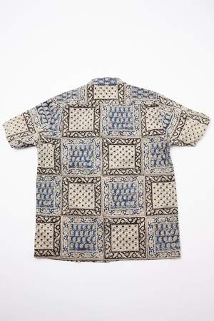 Beams Plus Short Sleeve Open Collar Block Print Shirt - Navy Beams Plus Short Sleeve Open Collar Block Print Shirt - Navy