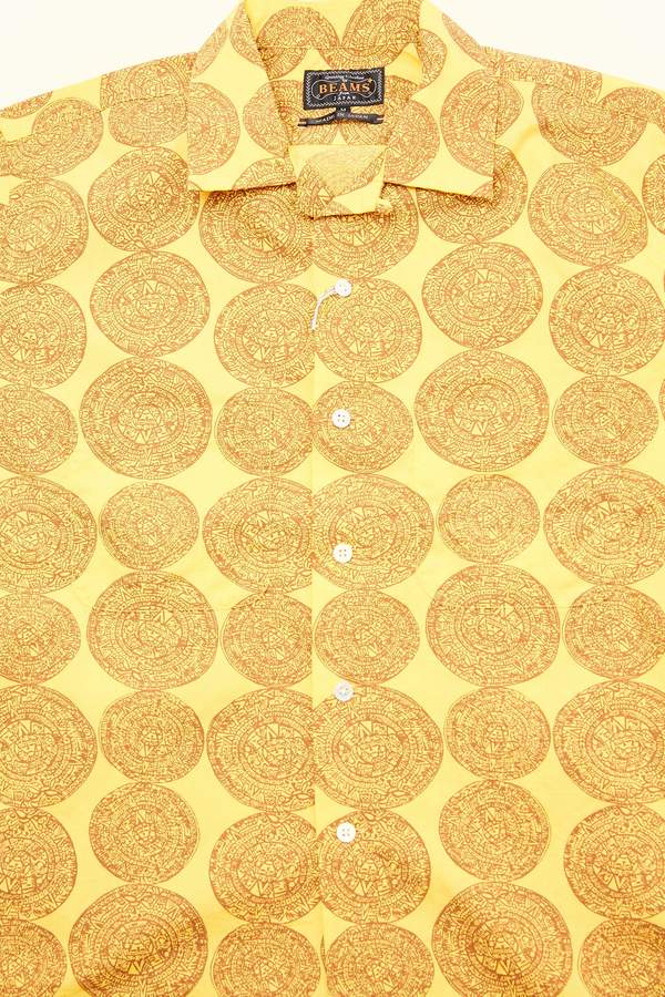 Beams Plus Short Sleeve Open Collar Dobby Print Shirt - Mustard Beams Plus Short Sleeve Open Collar Dobby Print Shirt - Mustard