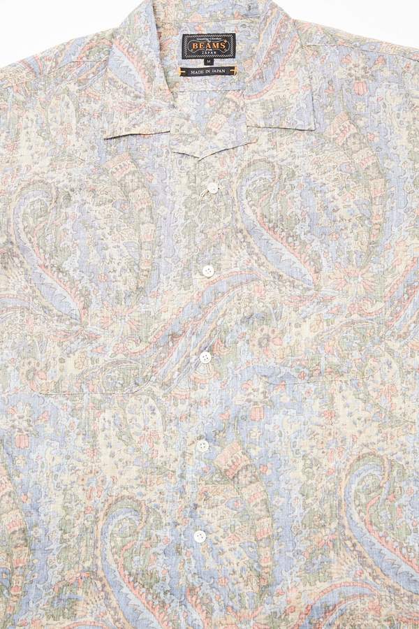 Beams Plus Short Sleeve Open Collar Linen Paisley Shirt - Blue Beams Plus Short Sleeve Open Collar Linen Paisley Shirt - Blue