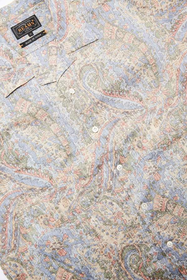 Beams Plus Short Sleeve Open Collar Linen Paisley Shirt - Blue Beams Plus Short Sleeve Open Collar Linen Paisley Shirt - Blue