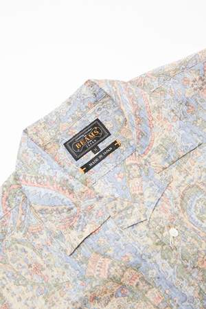 Beams Plus Short Sleeve Open Collar Linen Paisley Shirt - Blue Beams Plus Short Sleeve Open Collar Linen Paisley Shirt - Blue