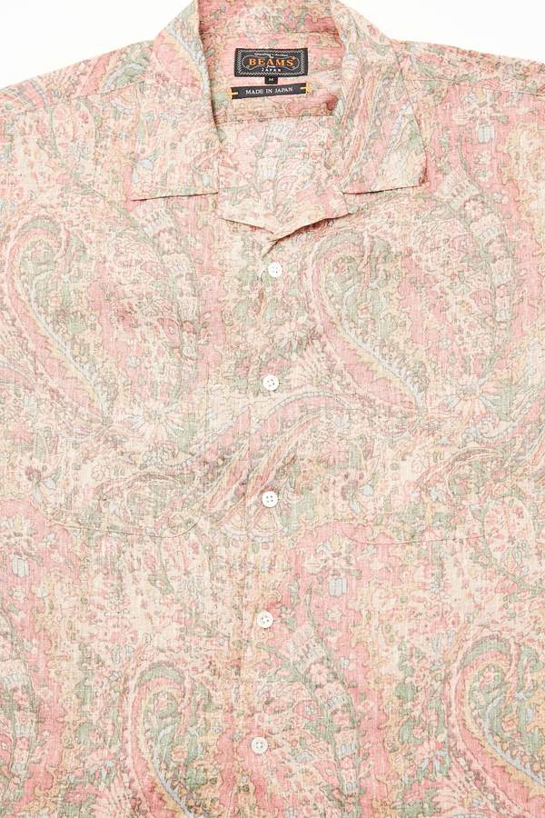 Beams Plus Short Sleeve Open Collar Linen Paisley Shirt - Red Beams Plus Short Sleeve Open Collar Linen Paisley Shirt - Red