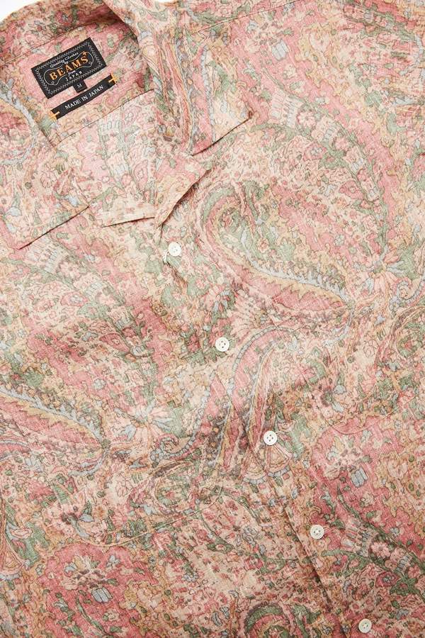 Beams Plus Short Sleeve Open Collar Linen Paisley Shirt - Red Beams Plus Short Sleeve Open Collar Linen Paisley Shirt - Red