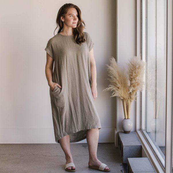 Black Crane Pleated Cocoon Dress - Stone on Garmentory