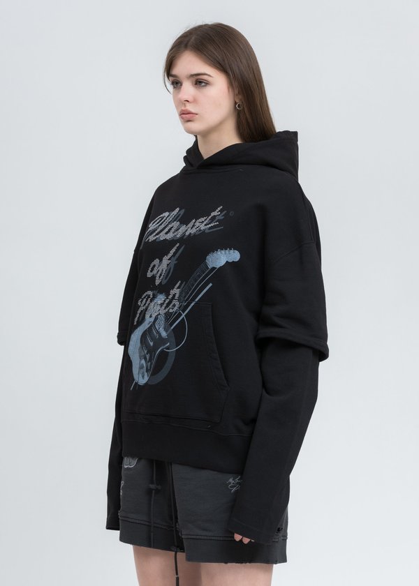 C2H4 Grunge Guitar Double Layer Hoodie - Black C2H4 Grunge Guitar Double Layer Hoodie - Black
