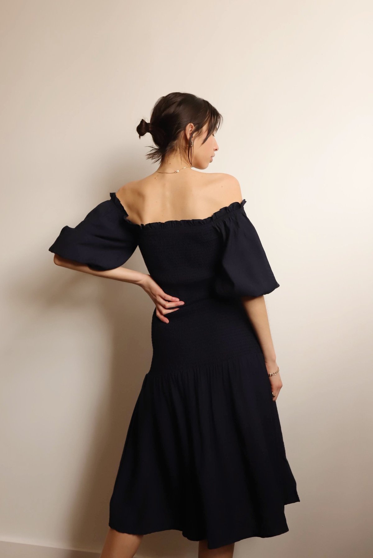 knee length dresses for ladies Coral Off Shoulder Smocked Waist Ruffle Sleeve Midi Dress 3X