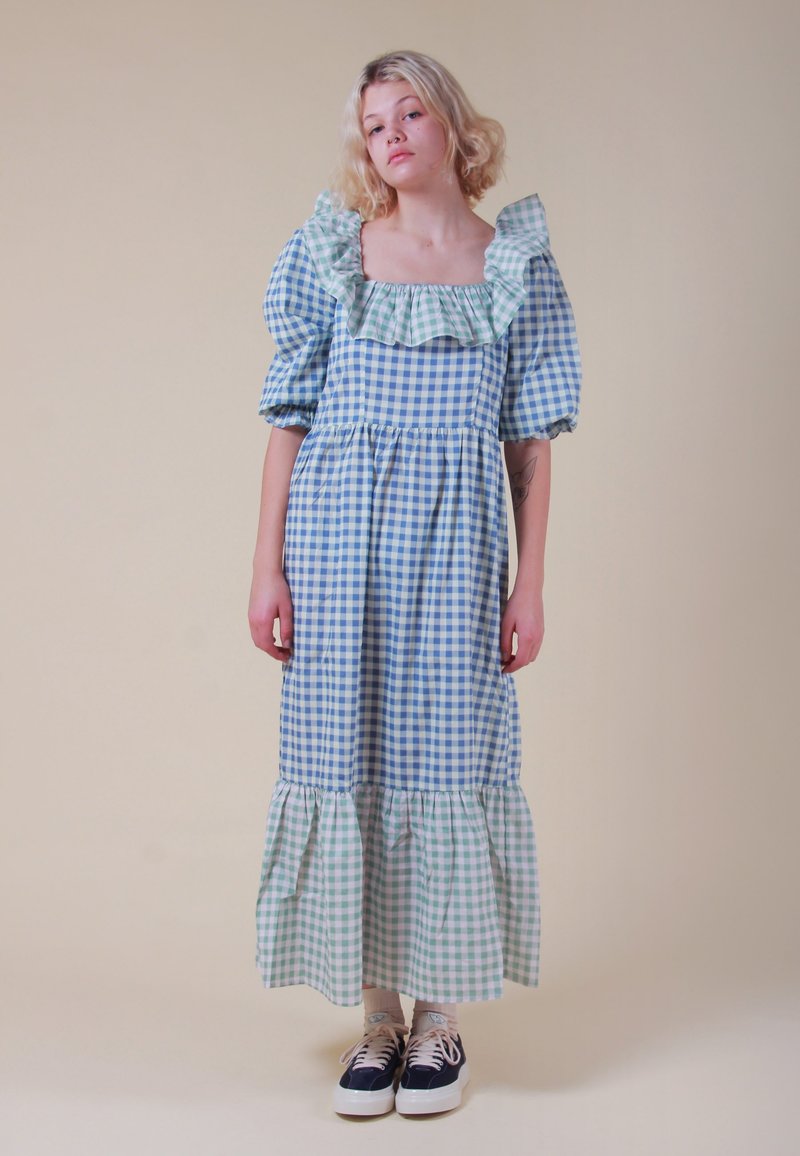 DAMSON MADDER Organic Cotton Frill Neck Gingham Dress - blue | Garmentory DAMSON MADDER Organic Cotton Frill Neck Gingham Dress - blue | Garmentory