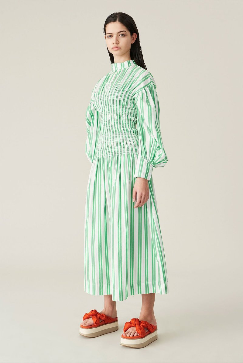 【GANNI】STRIPED COTTON SMOCK LONG DRESS ワンピース Silver Lake Blue Blue Striped Cotton Smock Long Dress | GANNI NO