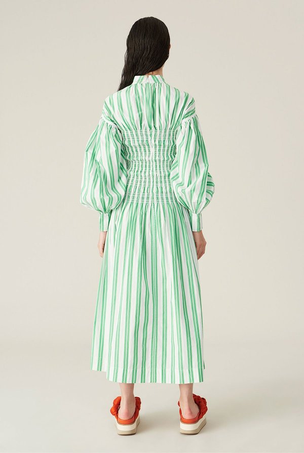 ★Ganni★ Puff sleeve V-neck striped dress light green F6582 Ganni Green Stripe Cotton Smock Dress | Jules B
