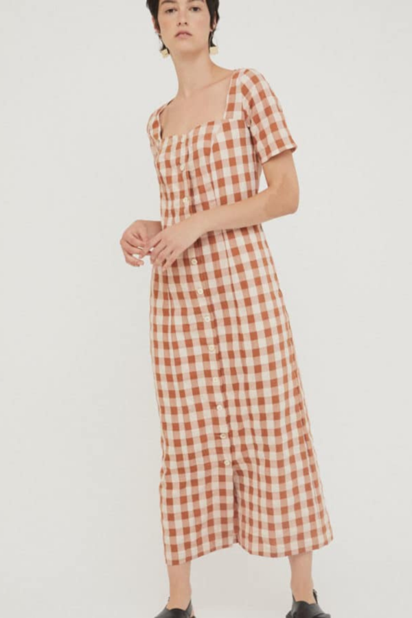 brown check midi dress The Evette Mocha Brown Tartan Plaid Cotton Zip Front Midi Dress