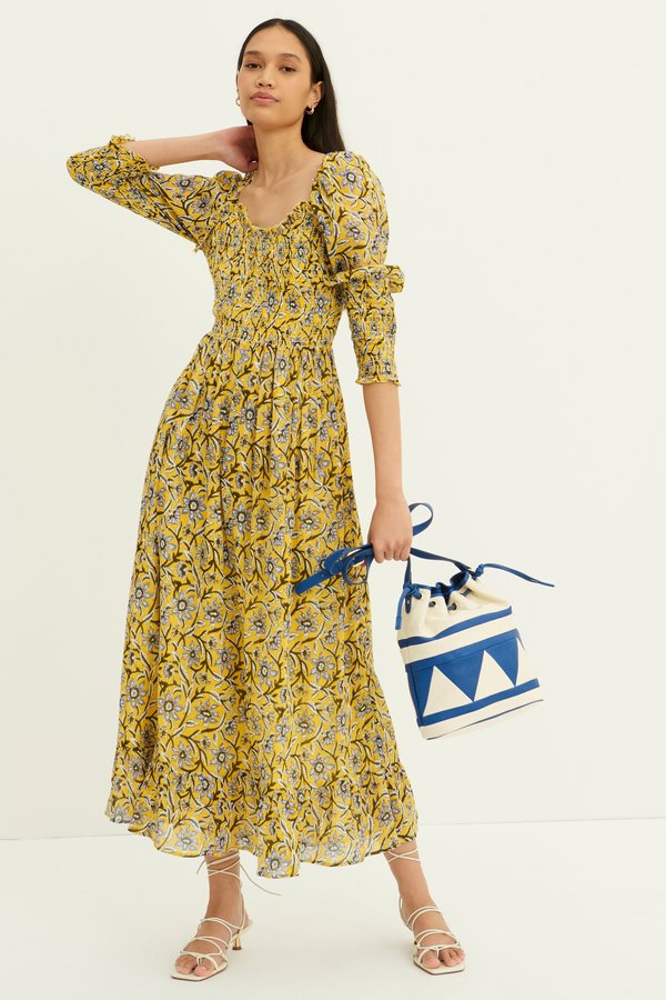 Antik Batik Maria Ruched Cotton Dress - Yellow Batik | Garmentory Antik Batik Maria Ruched Cotton Dress - Yellow Batik | Garmentory