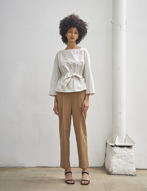 Maison De Ines BELT POINT STRIPE SHIRT - beige Maison De Ines BELT POINT STRIPE SHIRT - beige