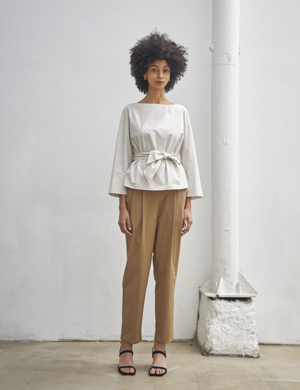 Maison De Ines BELT POINT STRIPE SHIRT - beige Maison De Ines BELT POINT STRIPE SHIRT - beige