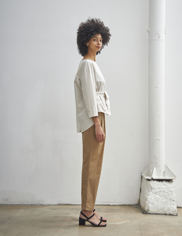 Maison De Ines BELT POINT STRIPE SHIRT - beige Maison De Ines BELT POINT STRIPE SHIRT - beige