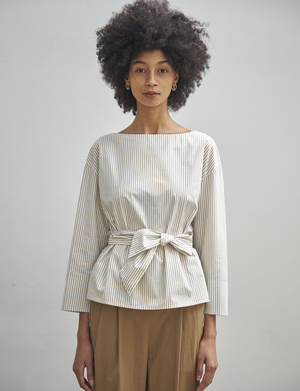 Maison De Ines BELT POINT STRIPE SHIRT - beige Maison De Ines BELT POINT STRIPE SHIRT - beige