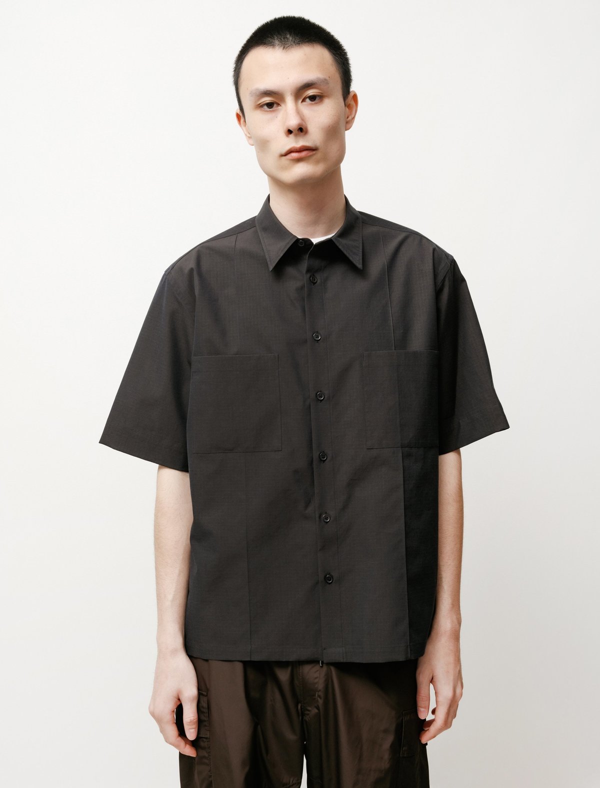 Auralee Washed Finx Ripstop Chambray SS Shirt - Black | Garmentory