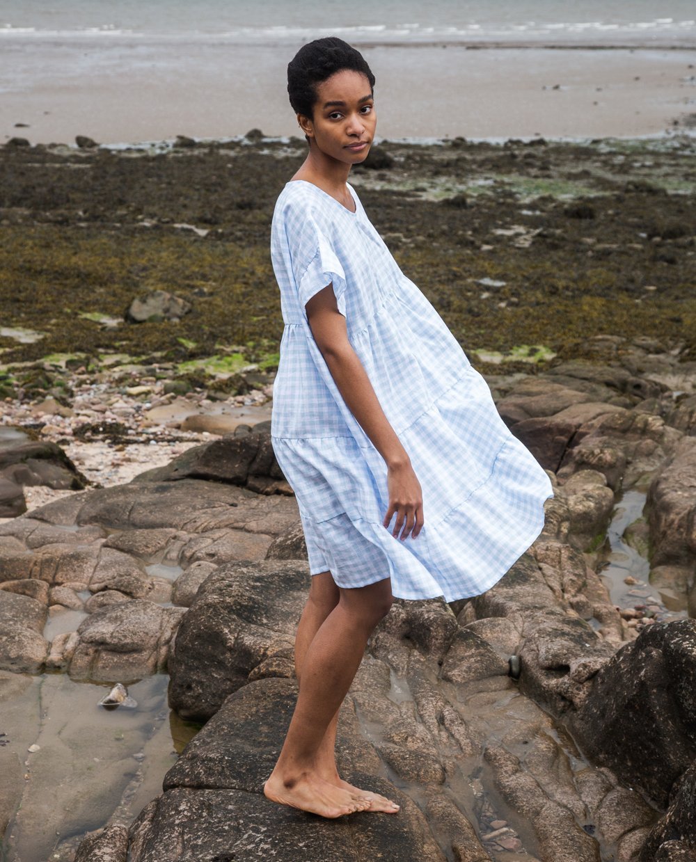 pale blue linen dress Berlook Textured Cutout Open Back Beach Dress, / L down dress made from 100% linen with cap sleeves and a princess bodice Off-shoulder A Line Dress -