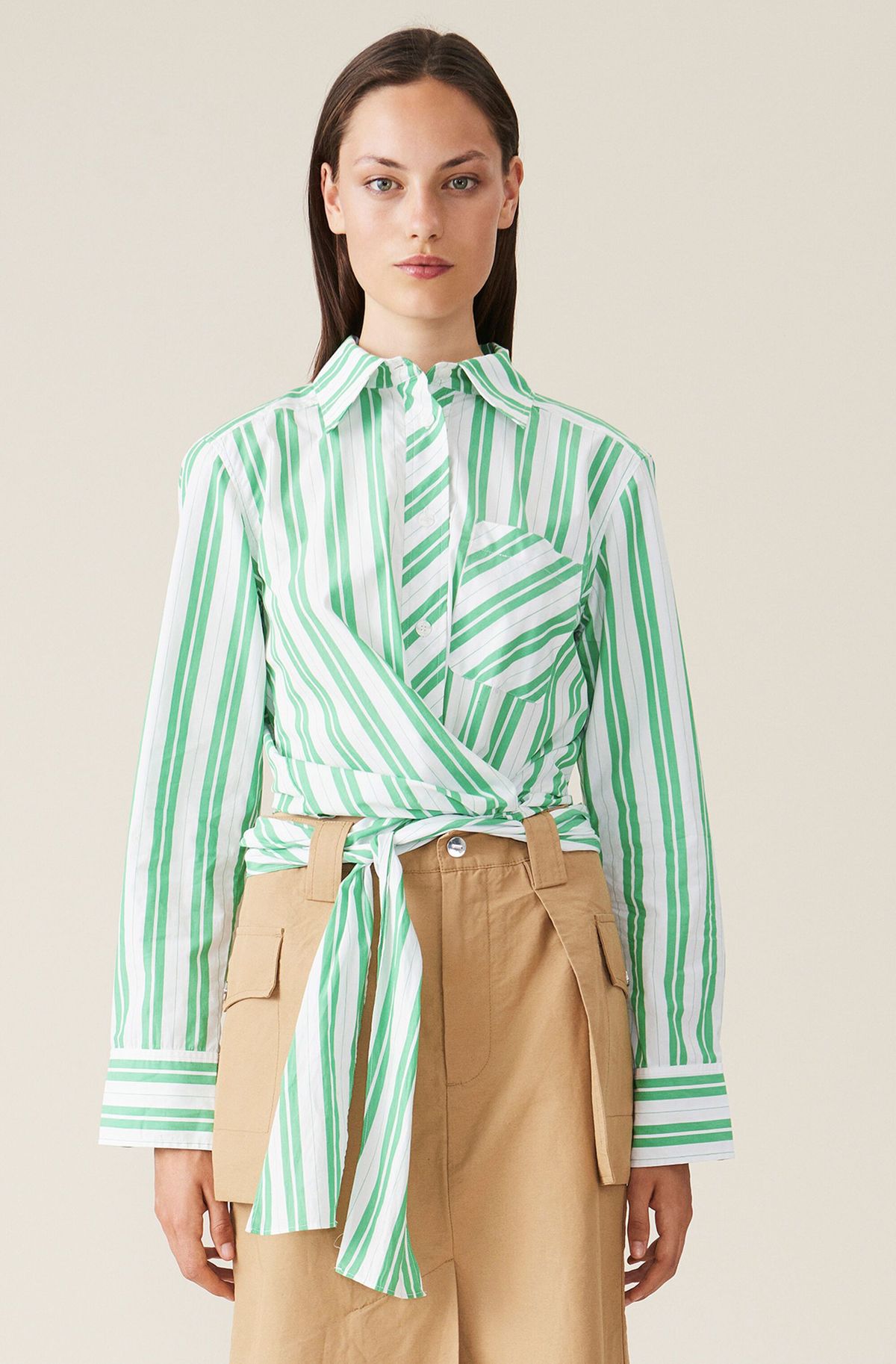 Ganni Stripe Cotton Wrap Shirt - Kelly Green | Garmentory