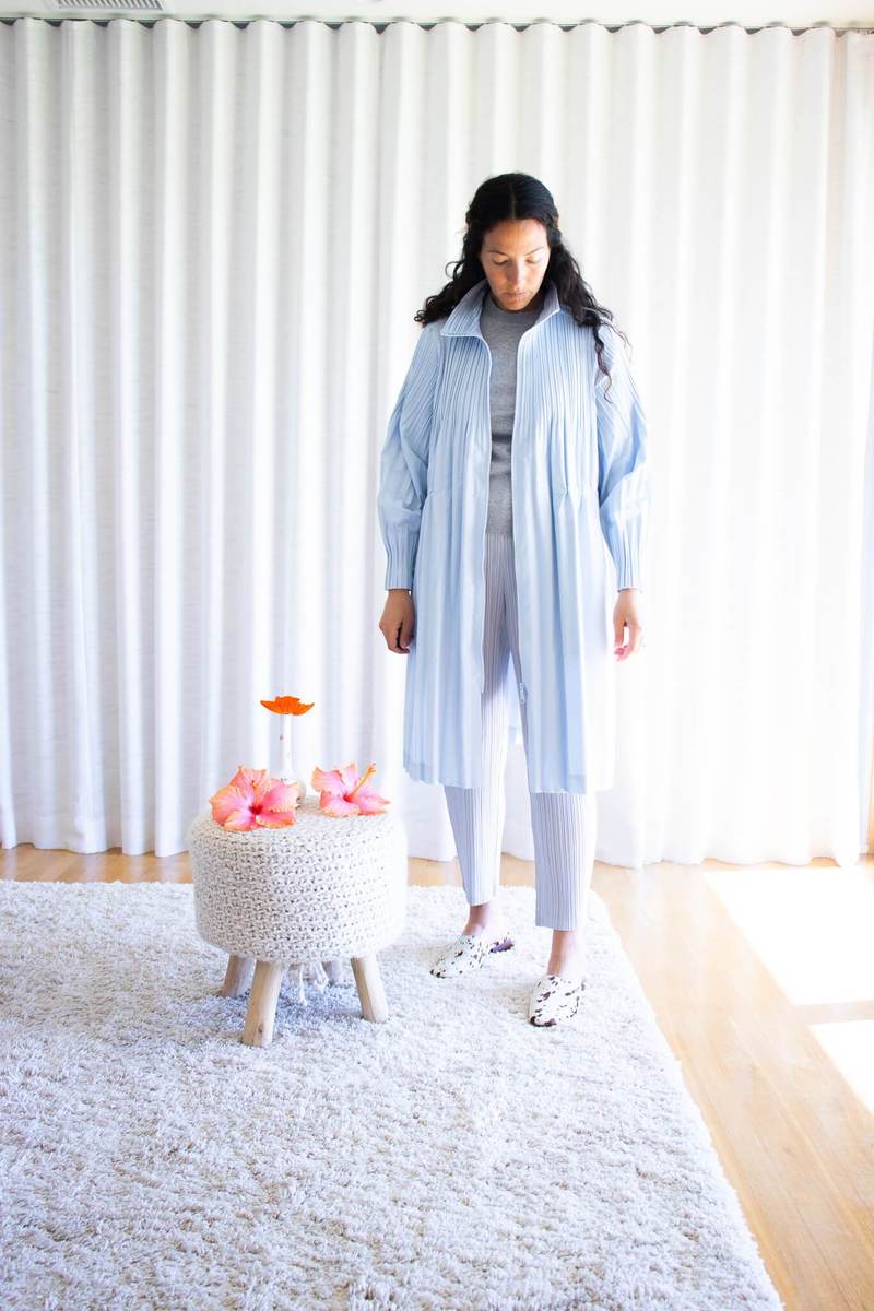 プリーツプリーズ JAUNTY COAT Issey Miyake Pleats Please Jaunty Coat in Light Blue | Garmentory
