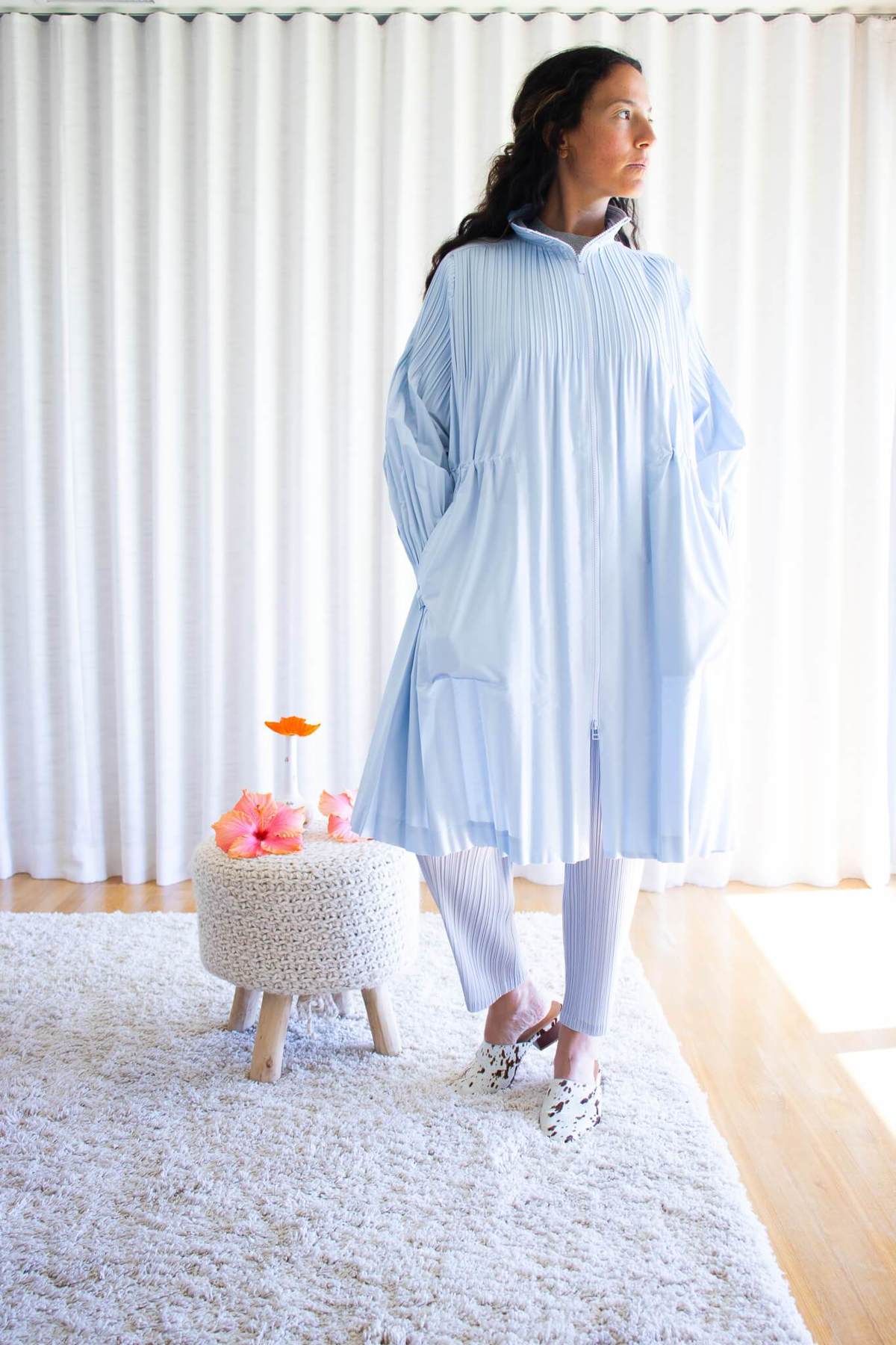Issey Miyake Pleats Please Jaunty Coat in Light Blue | Garmentory