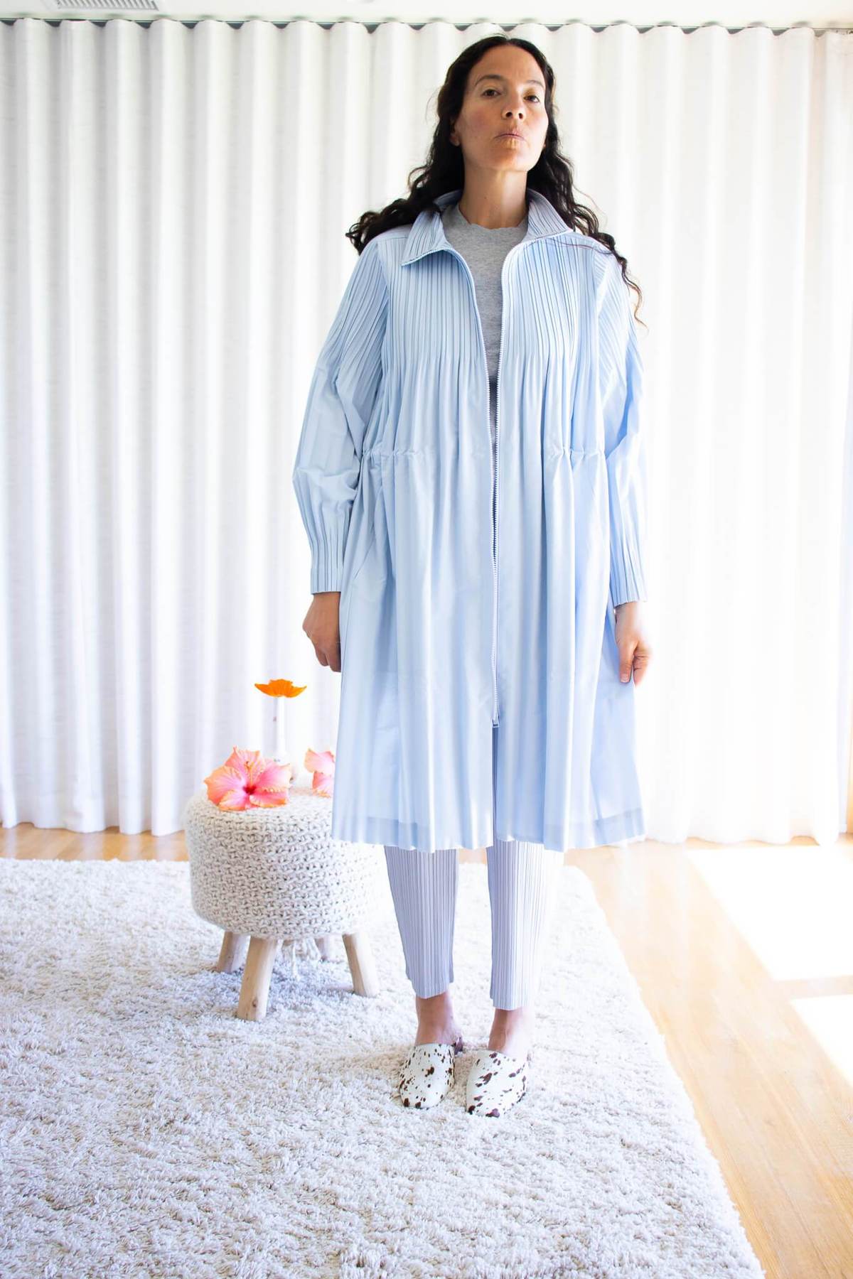 Issey Miyake Pleats Please Jaunty Coat in Light Blue | Garmentory
