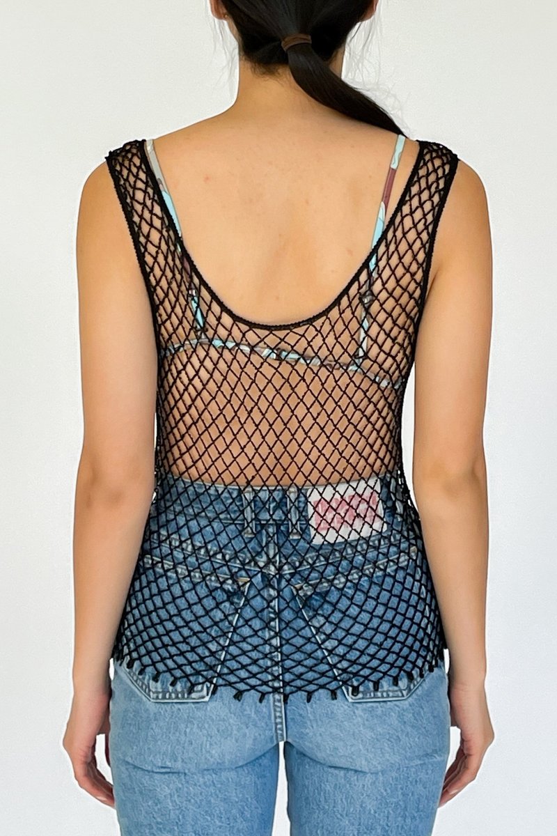 Vintage Beaded Mesh Net Tank - black