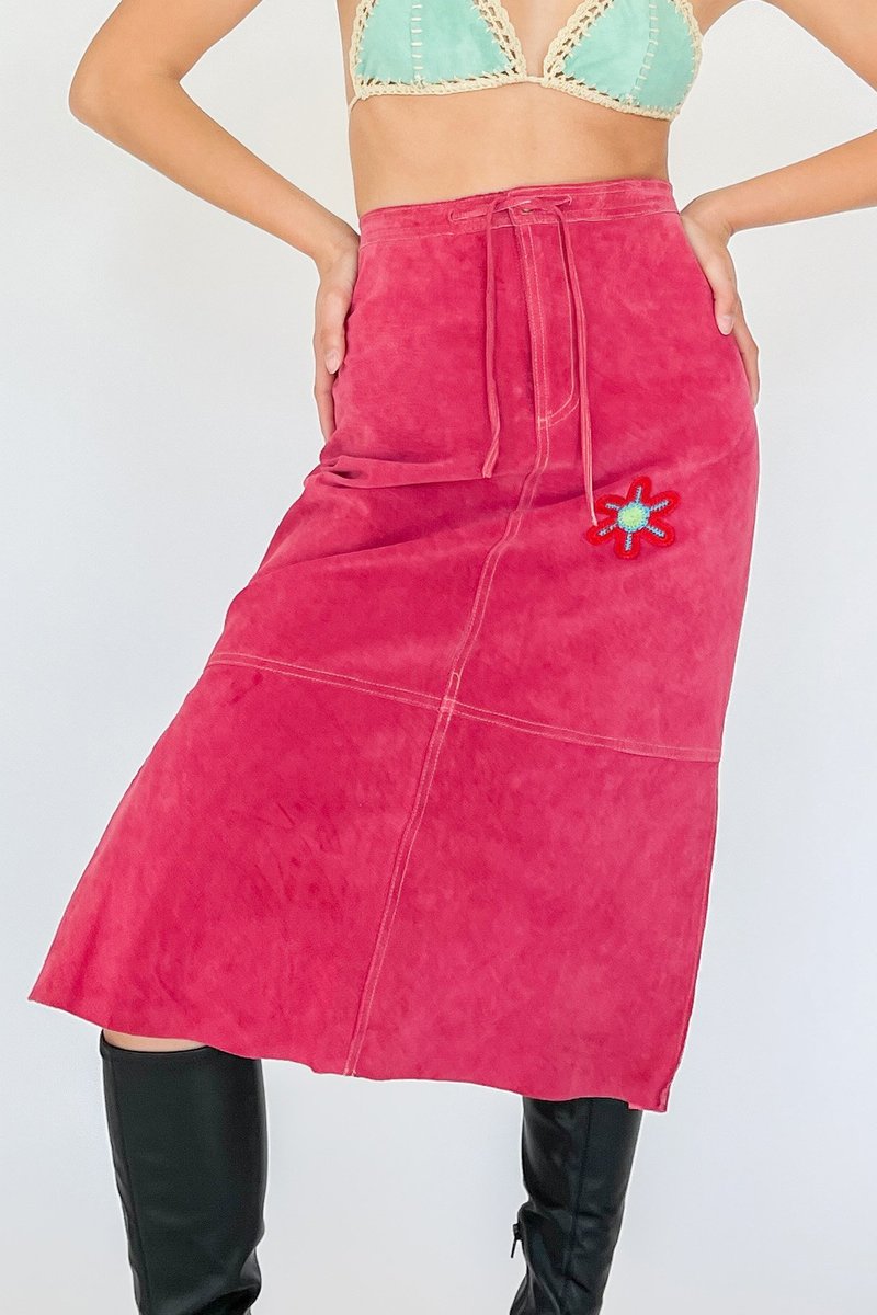 Vintage Suede Crochet Skirt - Cerise