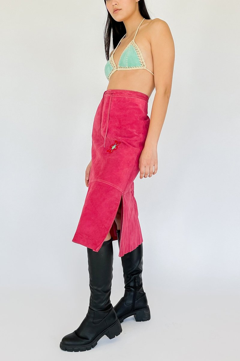 Vintage Suede Crochet Skirt - Cerise