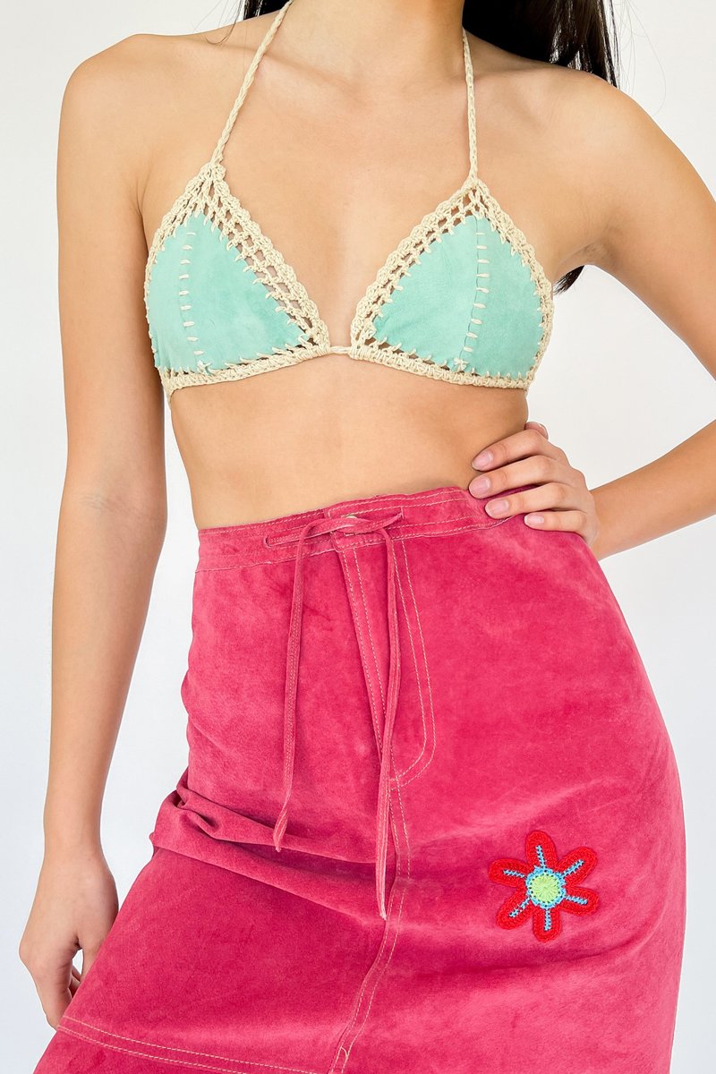 Vintage Suede Crochet Skirt - Cerise