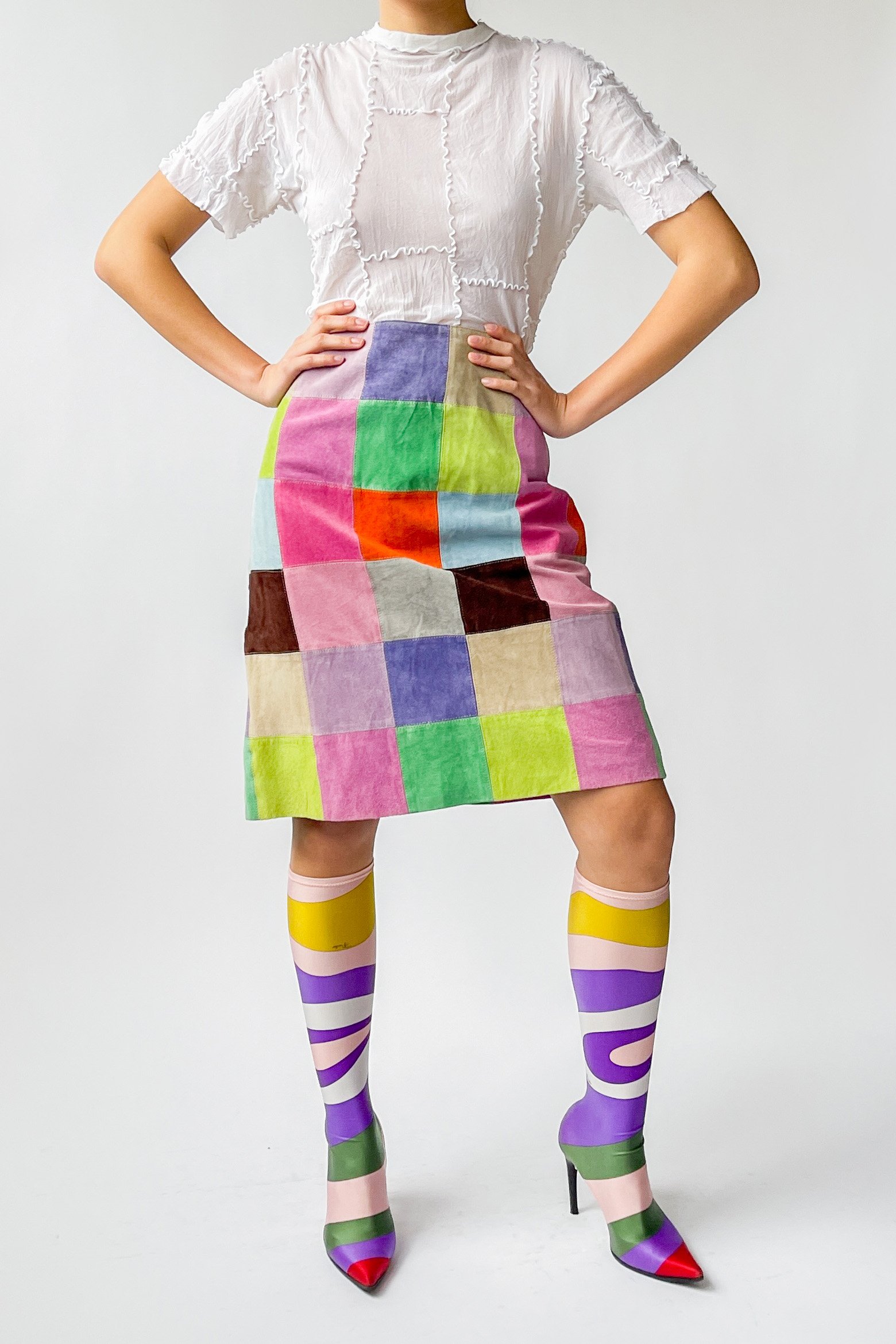 スカート JAIME SUEDE SKIRT Checkered-Patchwork-Suede-