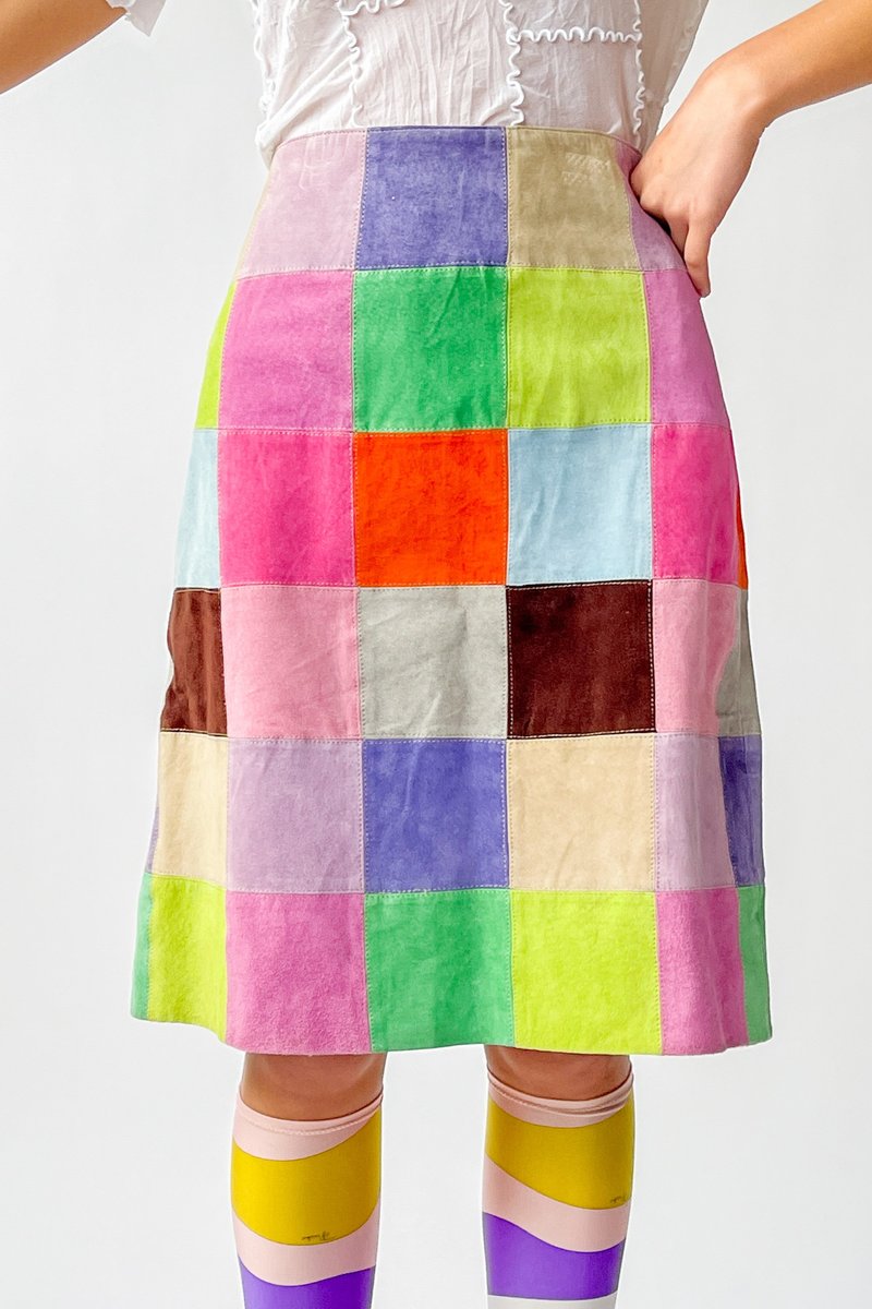 Checkered Patchwork Suede Skirt (M) | Garmentory