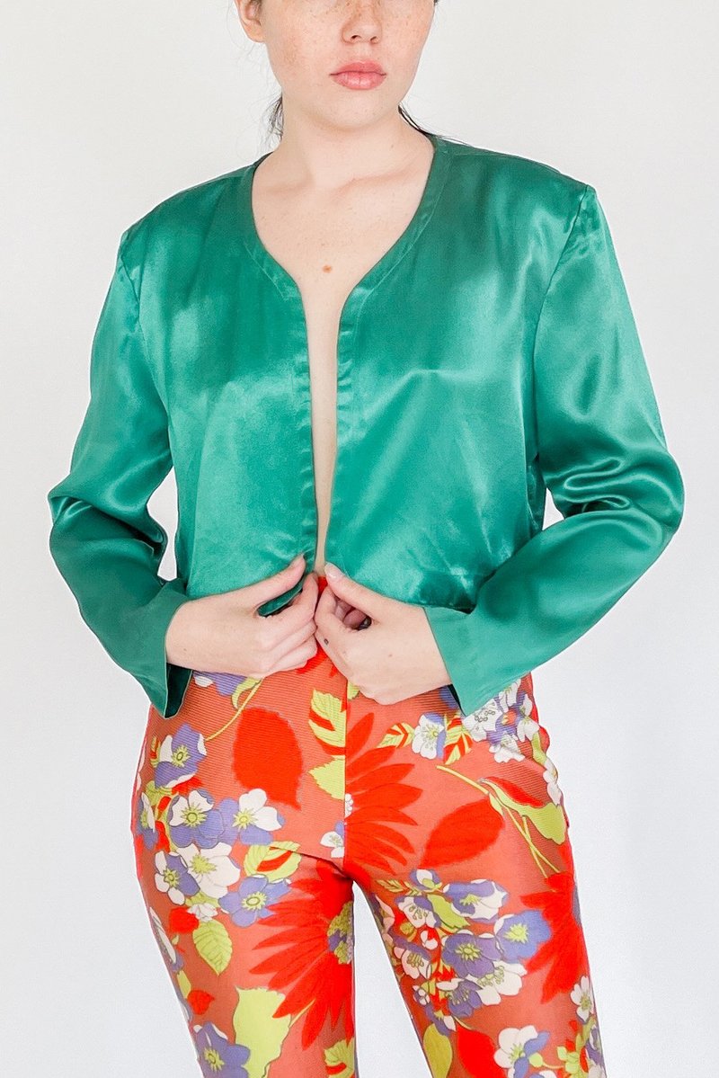 Vintage Satin Cropped Open Jacket - Emerald