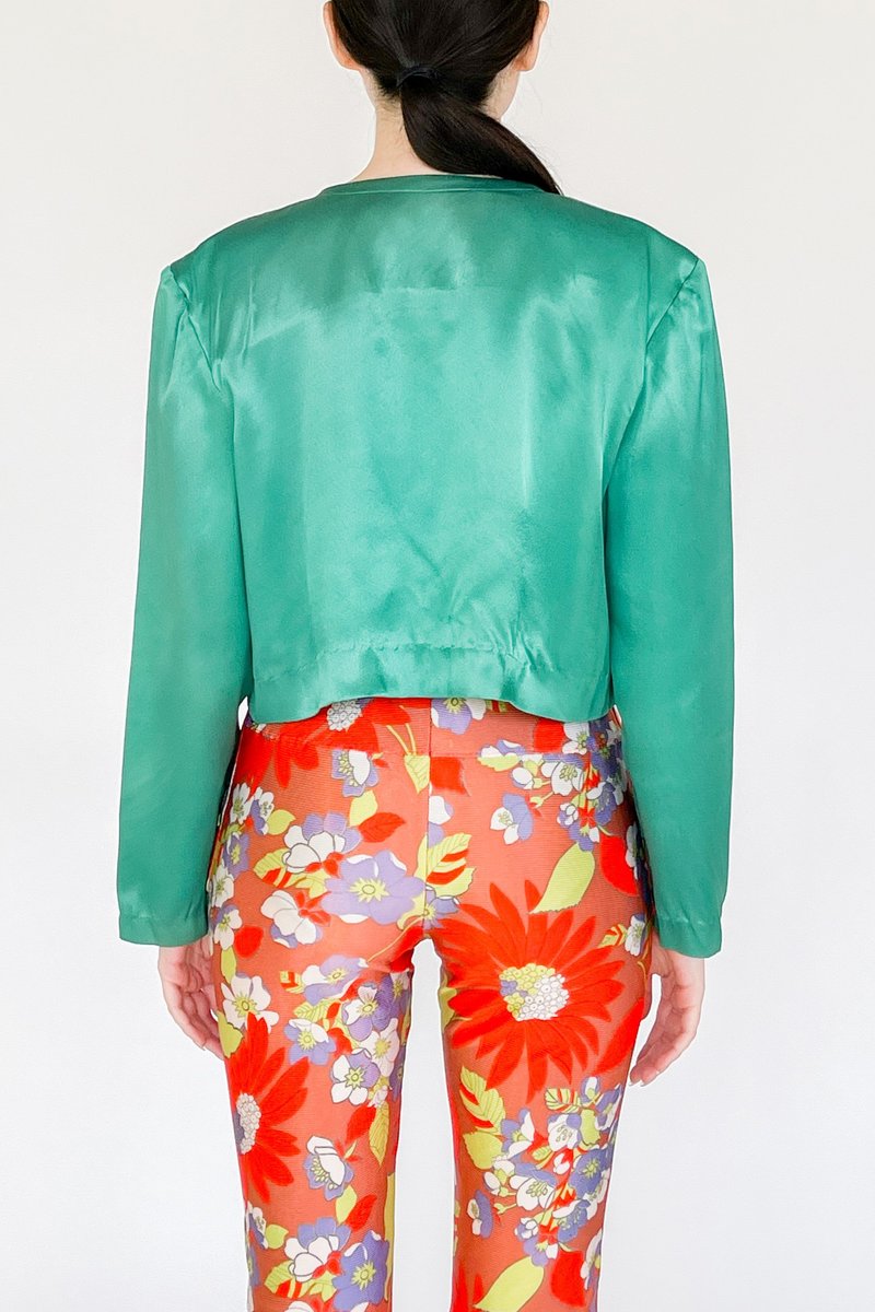 Vintage Satin Cropped Open Jacket - Emerald