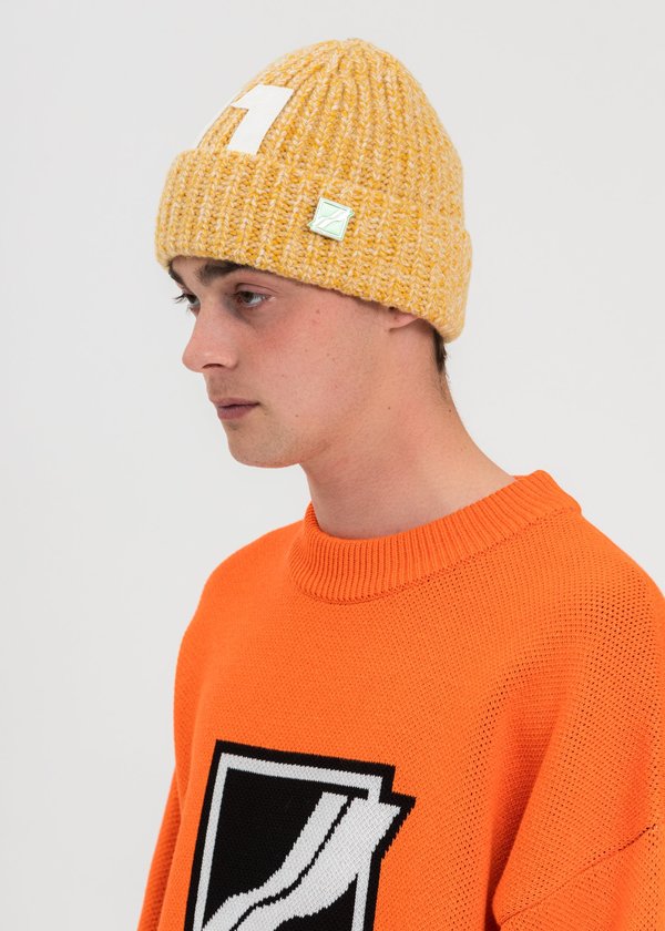 we11done Logo Leather Patch Embroidered Beanie - Yellow we11done Logo Leather Patch Embroidered Beanie - Yellow