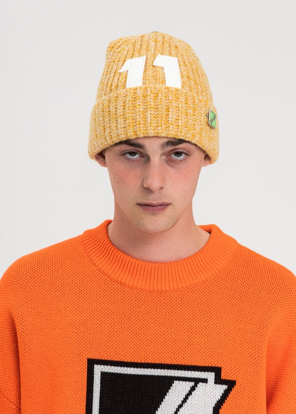 we11done Logo Leather Patch Embroidered Beanie - Yellow we11done Logo Leather Patch Embroidered Beanie - Yellow