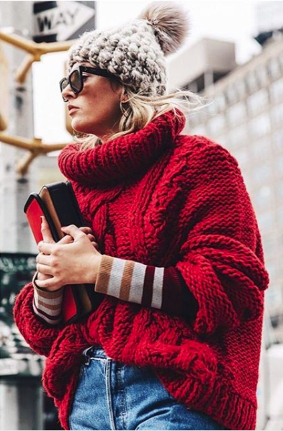 Mischa Lampert store color block + blush xl pom beanie - white/marble - Image 1 of 4