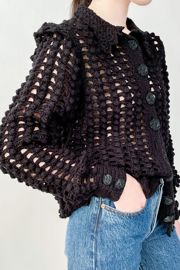 Vintage Crochet Bishop Sleeve Cardigan - Black