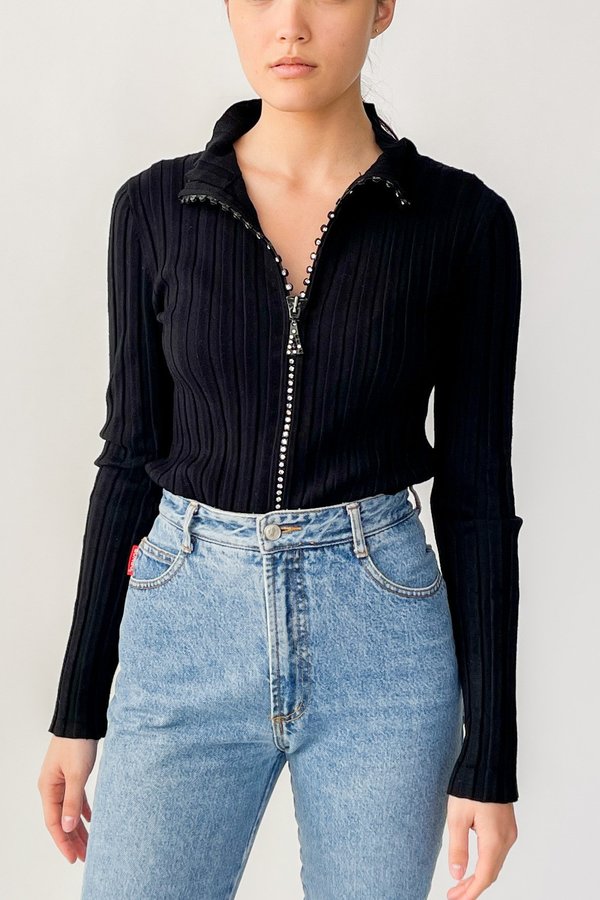 Vintage Ribbed Rhinestone Zipper Top - Black Vintage Ribbed Rhinestone Zipper Top - Black
